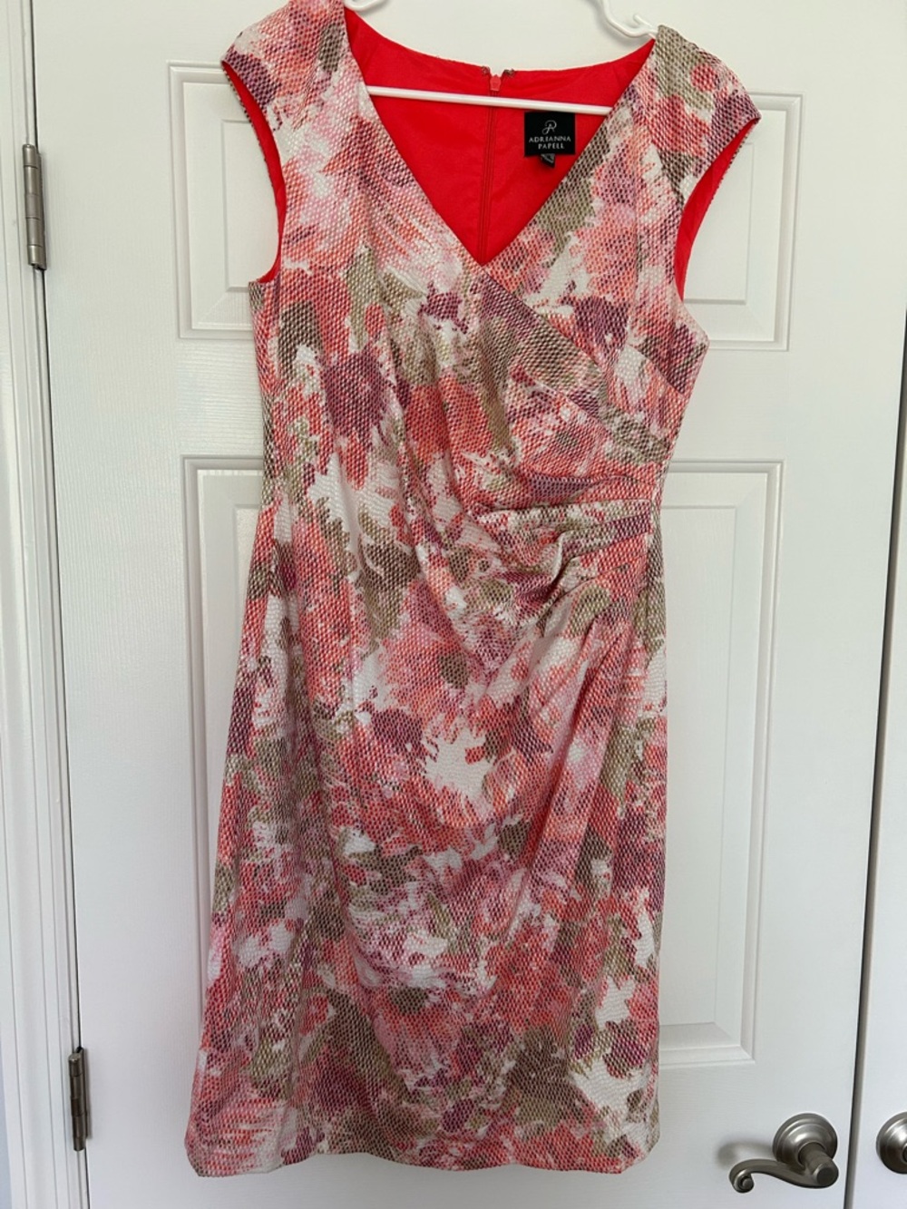 Adrianna Papell Coral and Olive Floral Draped Midi Dress